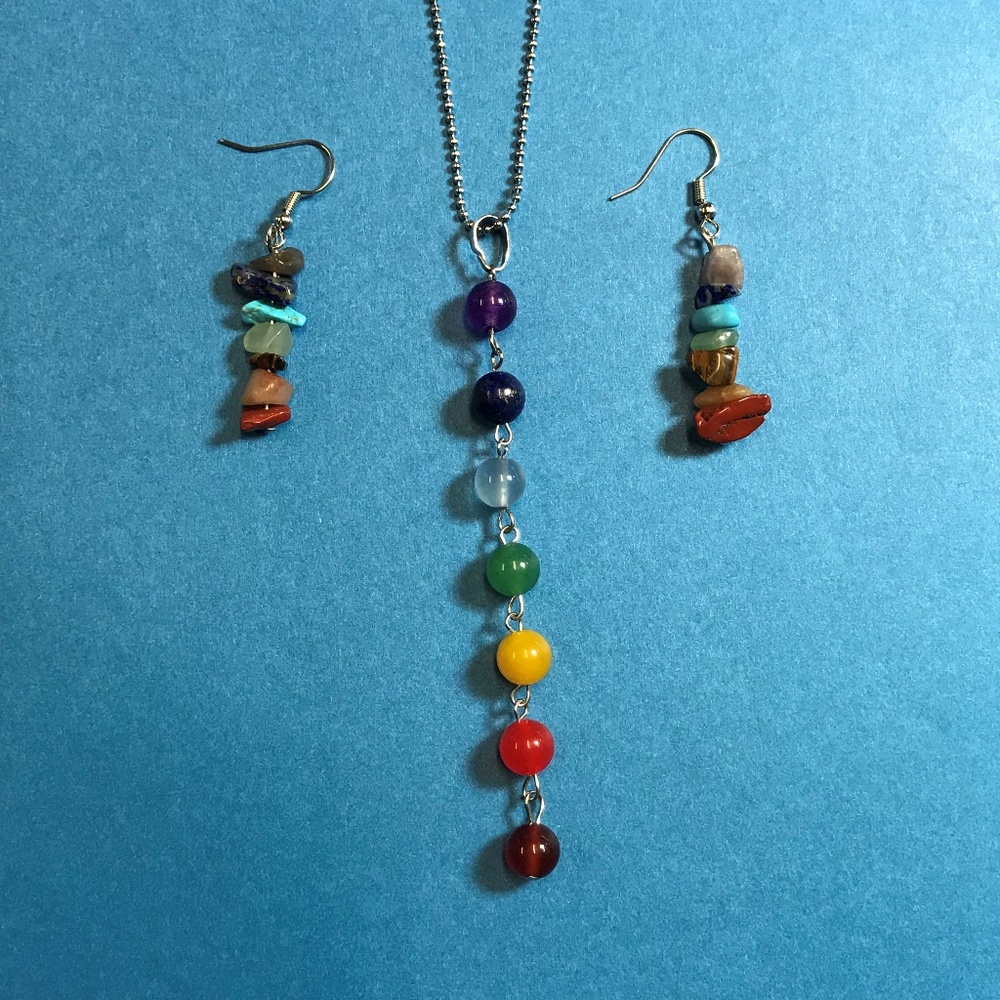 Chakras Gemstone Mala Beads Necklace Earrings Set